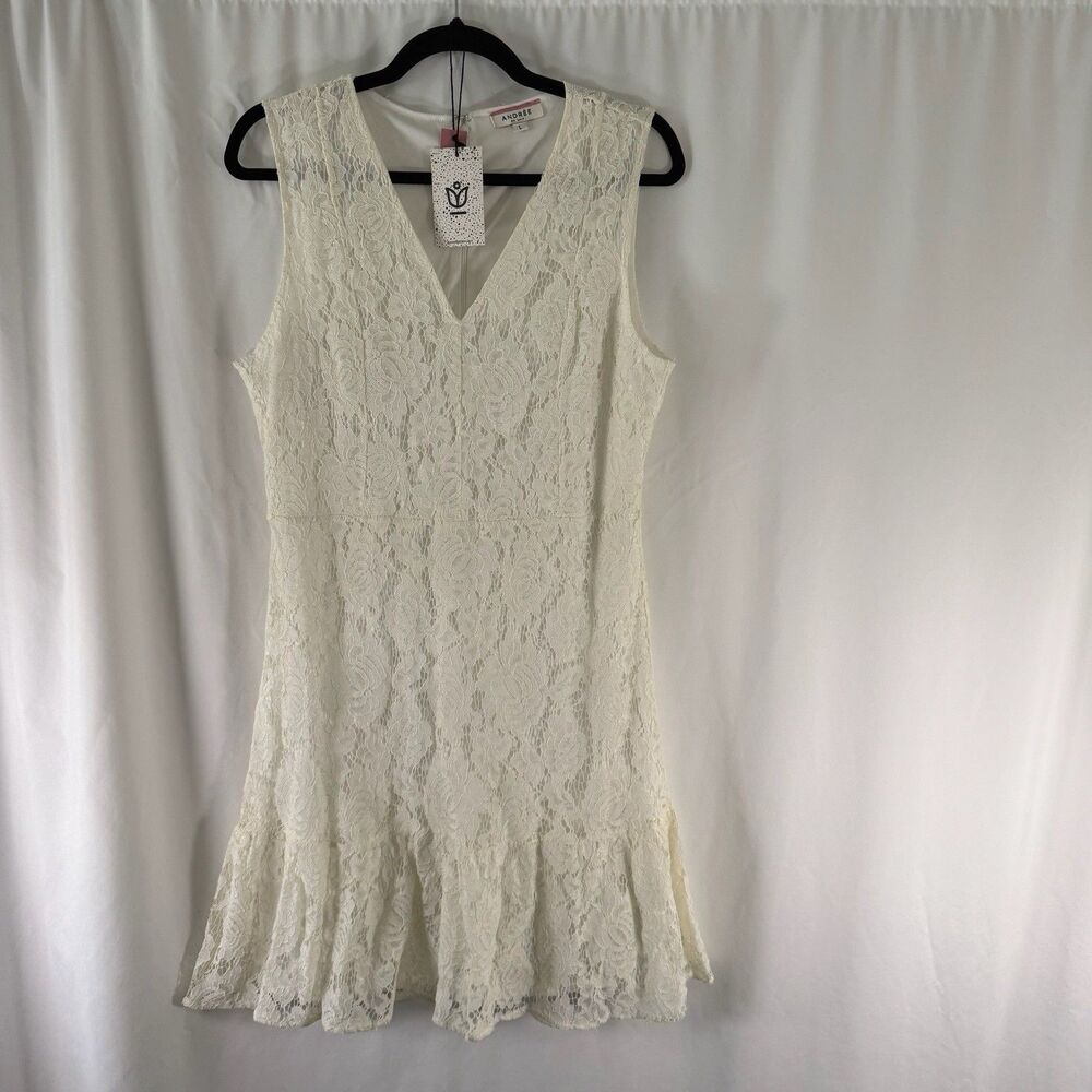 New Andree by Unit Dress Women's Large White Floral Lace Sleeveless Zip Back